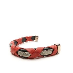 King Baby Studio Red Leather Braided Cuff With Hammered Texture Silver .925 7.5